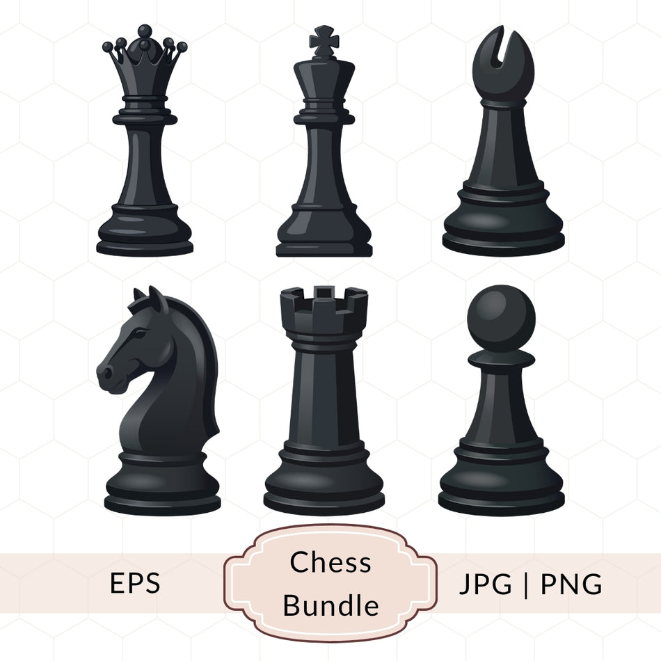 Chess Piece Bundle, Black Chess Clipart Set, King Queen Knight Rook Pawn Bishop, Instant Download, PNG JPG EPS, Game Graphics A 1425