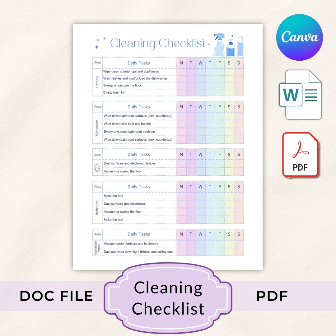 Cleaning checklist with rainbow color coding on a light background, featuring Canva logo and file format icons.
