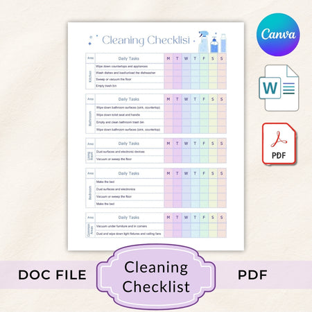 Cleaning checklist with rainbow color coding on a light background, featuring Canva logo and file format icons.
