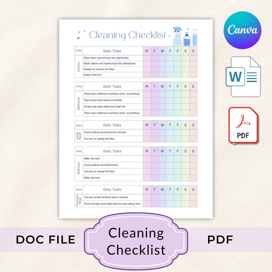 Cleaning Checklist Printable PDF, Weekly Cleaning Schedule Template, Household Chore Chart, Editable DOC File, A4 US Letter Planner A 1052