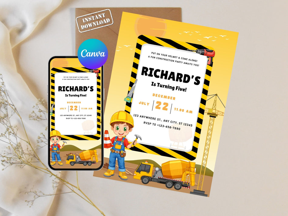 Construction Birthday Invitation Canva Template, Builder Birthday Invite, Truck Party Invitation, Boy Birthday Editable Invite A 1293