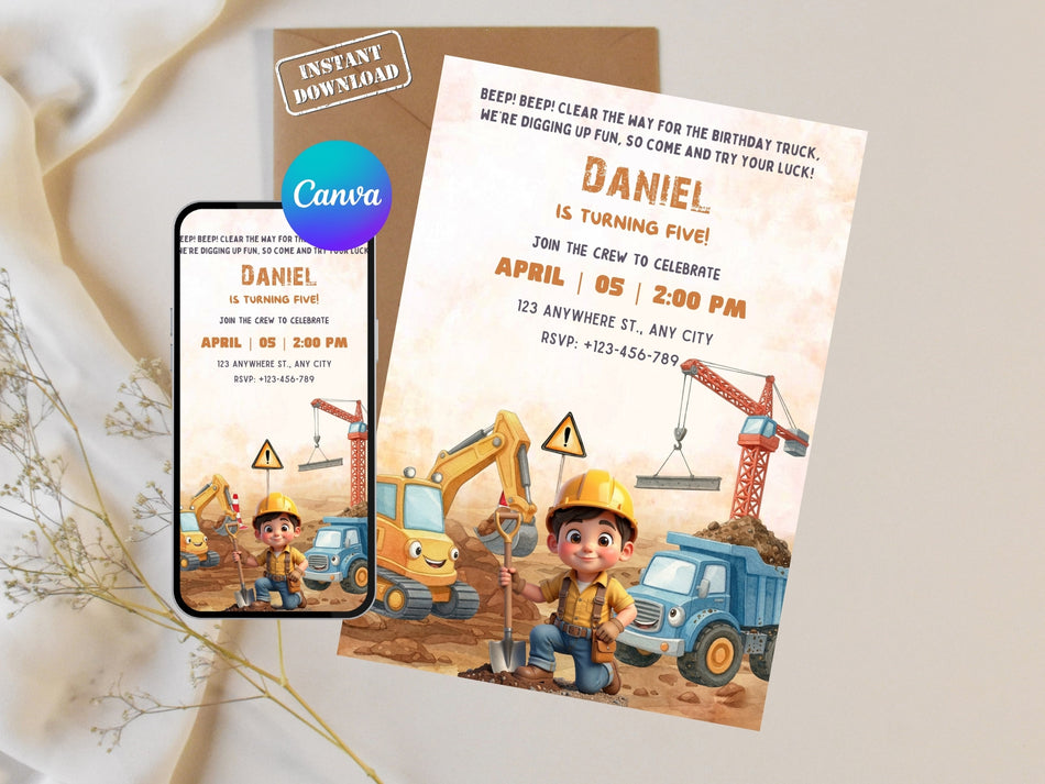 Editable Excavator & Crane Party Invite, Construction Birthday Invitation Template, Kids Birthday, Instant Download, Canva Editable A 1290