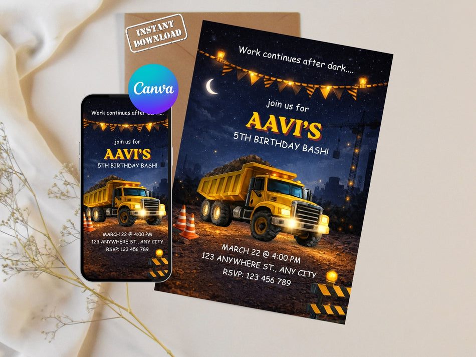 Construction Birthday Invitation Template - Editable Truck Excavator Design, Kids Party Invite, Instant Download, Canva Editable A 1291