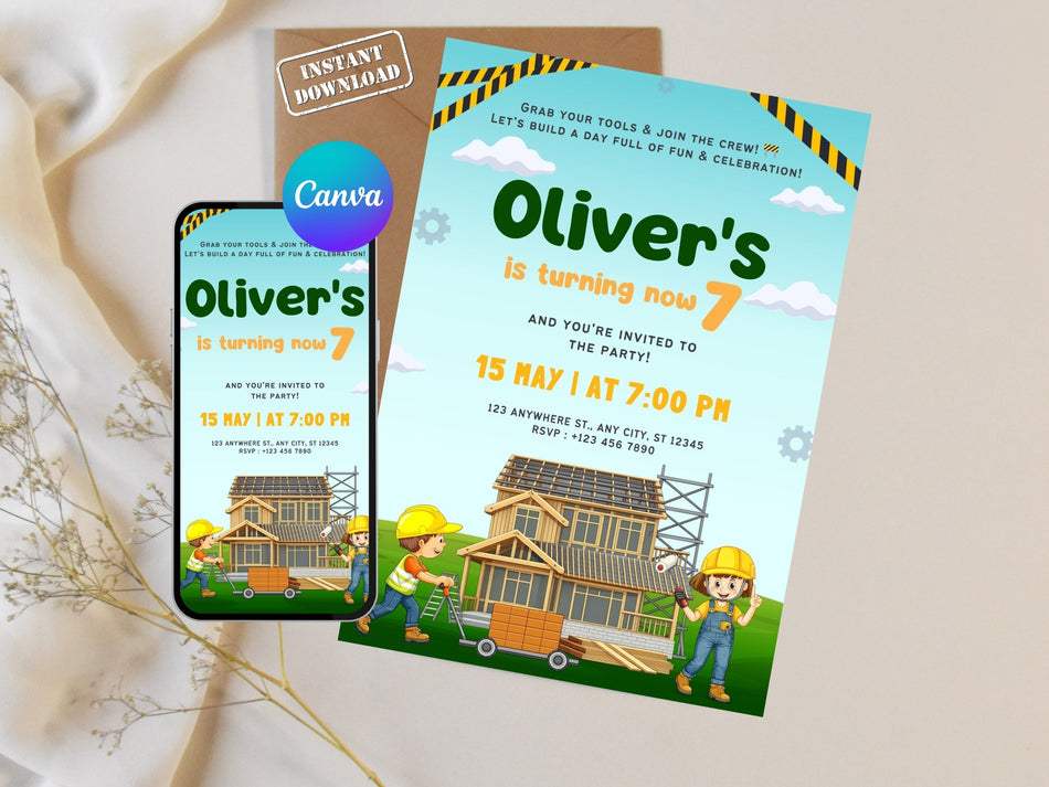 Editable Builder Theme Party Invite, Construction Birthday Invitation Template, Kids Birthday, Instant Download, Canva Editable A 1285