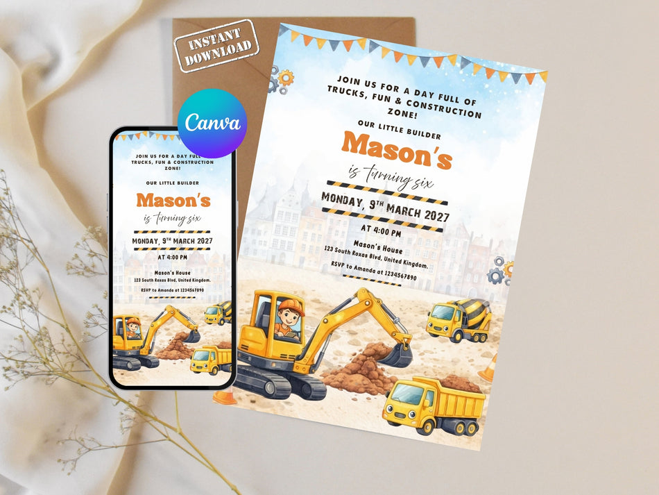 Construction Birthday Invitation Template - Editable Excavator & Dump Truck Invite, Kids Birthday, Instant Download, Canva Editable A 1284
