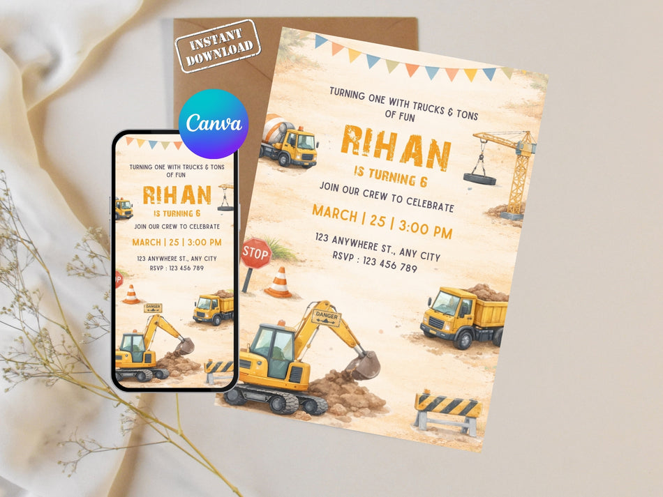 Editable Excavator & Dump Truck Invite, Construction Birthday Invitation Template, Kids Party, Instant Download, Canva Editable A 1286