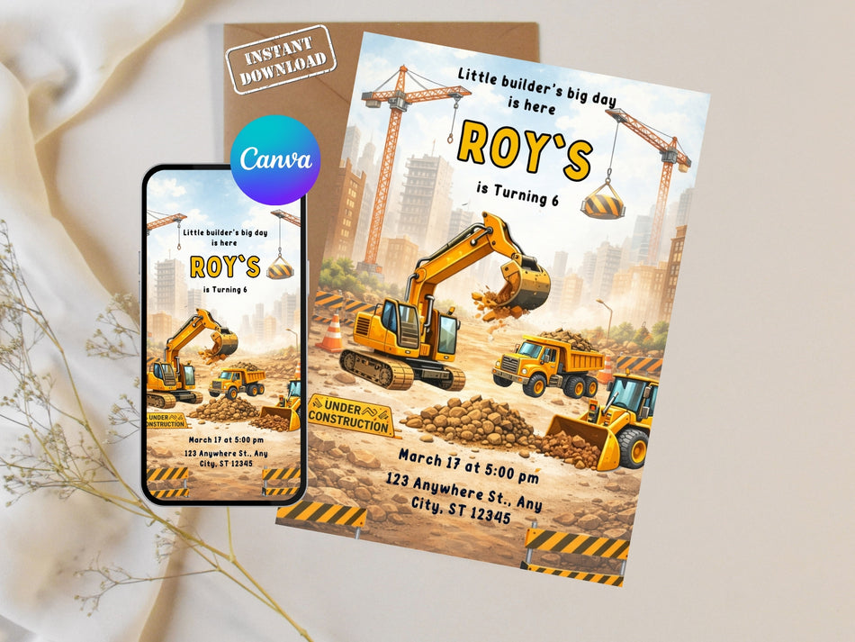 Construction Birthday Invitation Template, Excavator Birthday Invite, Boy Birthday Party, Editable Canva Invite, Truck Theme Card A 1303