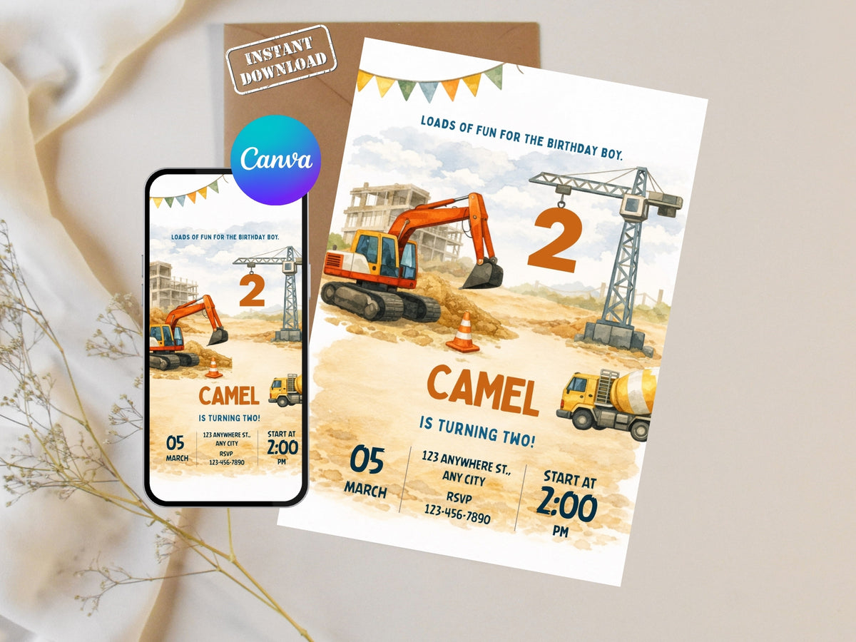 Construction-themed birthday invitation with excavator and crane graphics, displayed on a light surface.