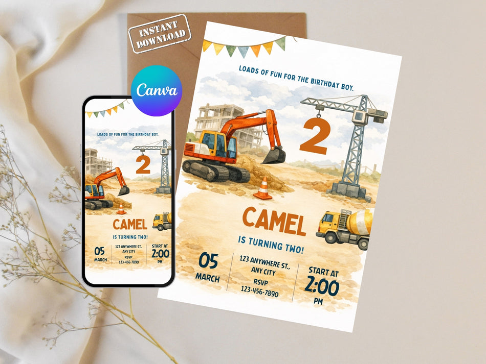 Construction Birthday Invitation Template, Truck Birthday Invite, Boy 2nd Birthday Party, Editable Canva Invite, Digging Theme Card A 1307