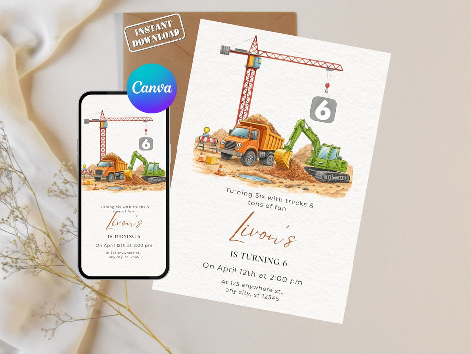Construction Birthday Invitation Template, Truck Birthday Invite, Boy Birthday Party, Editable Canva Invite, Digging Theme Card A1305