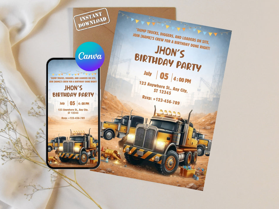 Construction Birthday Invitation Template, Truck Birthday Invite Canva Editable, Dump Truck Party Invite, Boy Birthday Digital Download A 1295