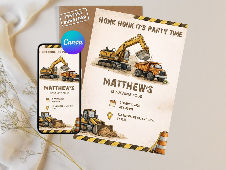 Construction Party Invitation Template - Editable Excavator & Dump Truck Birthday Invite, Kids Birthday, Instant Download, Canva Editable A 1289