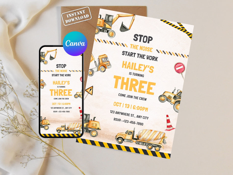 Dump Truck & Digger Theme, Construction Birthday Invitation Template - Editable Kids Party Invite, Instant Download, Canva Editable A 1287