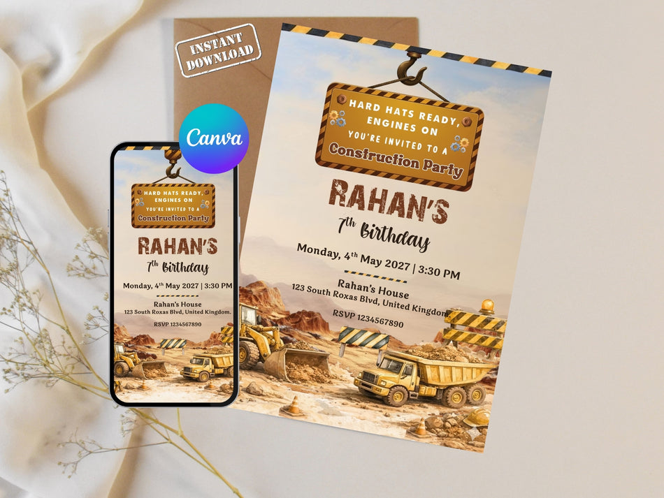 Construction Themed Birthday Invitation Template - Editable Dump Truck & Excavator Kids Party Invite, Instant Download, Canva Editable A 1288