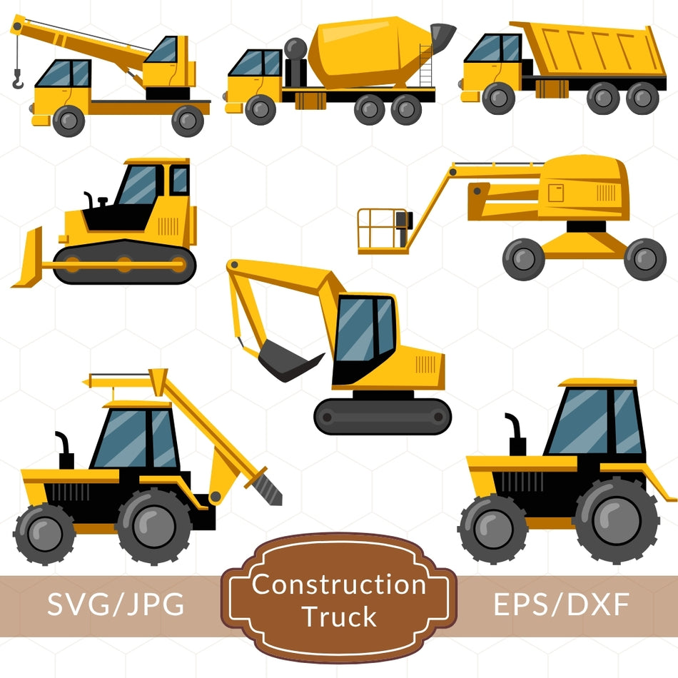 Construction Truck SVG Bundle - Excavator, Dump Truck, Crane, Cement Mixer, DXF/JPG Files, Digital Download A 1330