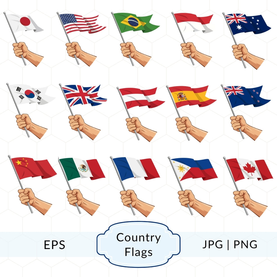Country Flags Bundle, 16 Flag Graphics with Raised Fist, Instant Download, JPG PNG EPS, Perfect for Digital Projects & Designs A 1406