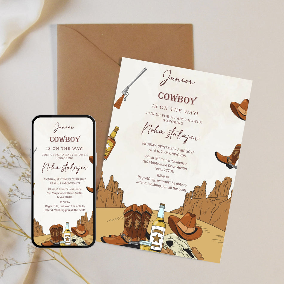 Cowboy Baby Shower Invitation Template, Western Baby Shower Invite, Little Baby Shower Editable Invitation, Baby Shower Canva Template A 1110