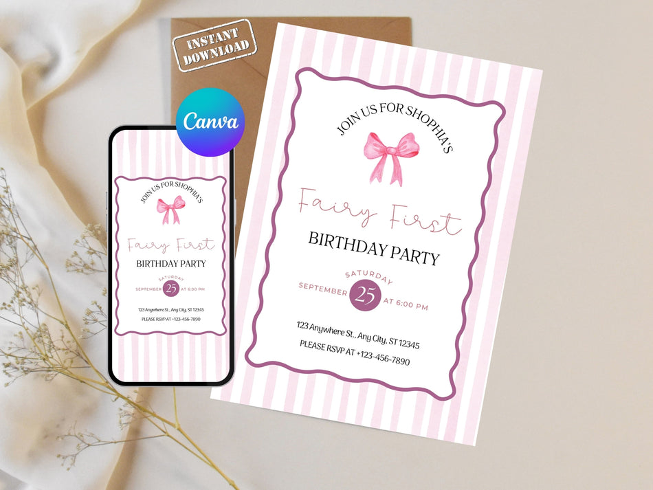 Customizable First Birthday Invitation Template, Girl Birthday Party Invite, Pink Stripes with Bow, Canva Editable, Instant Download A 1343