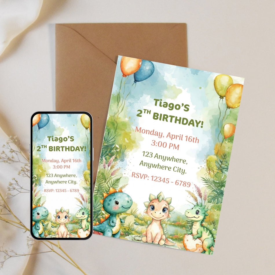 Cute Dino Party Invite, Dinosaur Birthday Invitation Canva Editable Template, Printable Invitation , Jungle Balloon Theme Instant Download A 1176