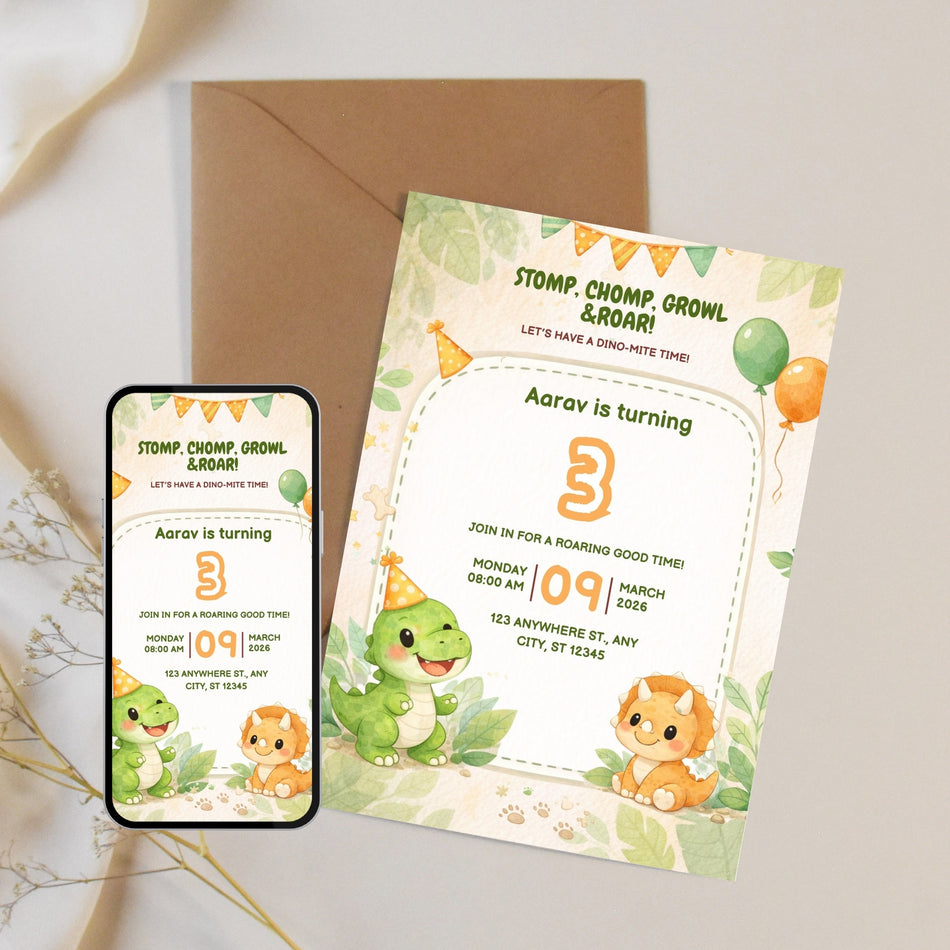 Cute Dinosaur Birthday Invitation Kids Dino Party Invite Printable Dinosaur Birthday Card Editable Dino Theme Party Invite Instant Download A 1156