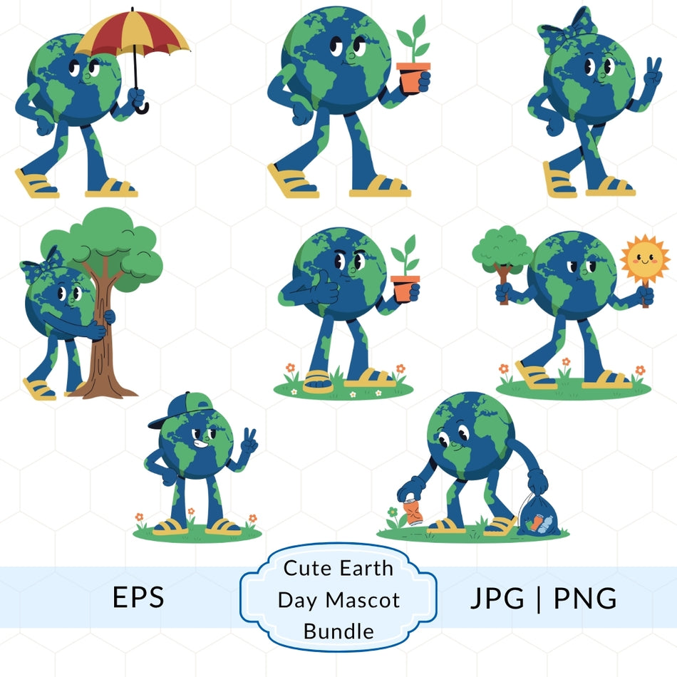 Cute Earth Day Mascot Bundle, 9 Earth Character Illustrations, Instant Download, JPG PNG EPS, Perfect for Kids Designs A 1418