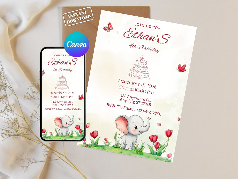 Cute Elephant Birthday Invitation, Kids Birthday Invite, Editable Digital Template, Instant Download, Floral Birthday Party, Canva Template A 1364