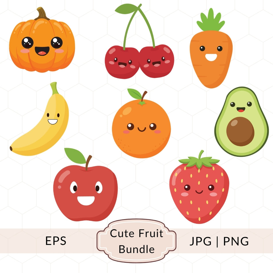 Kawaii Fruit Clipart Bundle Cute Food Characters Smiling Veggie Set Kids Nursery Decor Cartoon Collection Teachers classroom designs A 1410