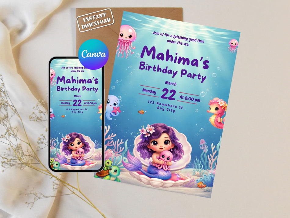 Cute Mermaid Birthday Invitation, Under the Sea Party Invite, Baby Mermaid Birthday Invite, Ocean Kids Invitation, Digital Download A 1275