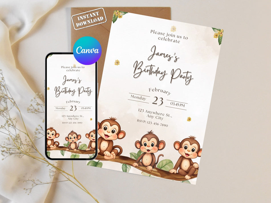 Cute Monkey Birthday Invitation, Animal Theme Birthday Party Invite, Digital Download, Editable Template, Instant Download, Canva Invitation A 1363