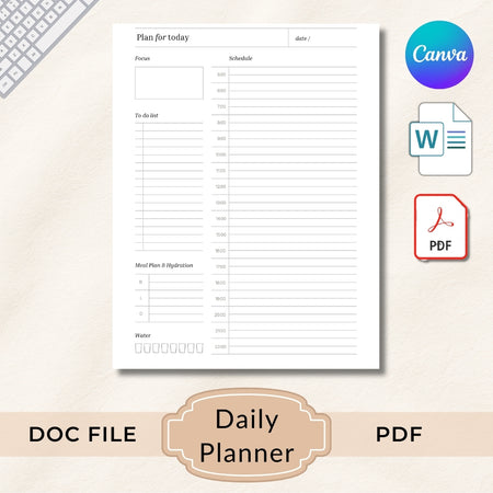 Daily planner sheet with Canva logo and file format icons on a light background