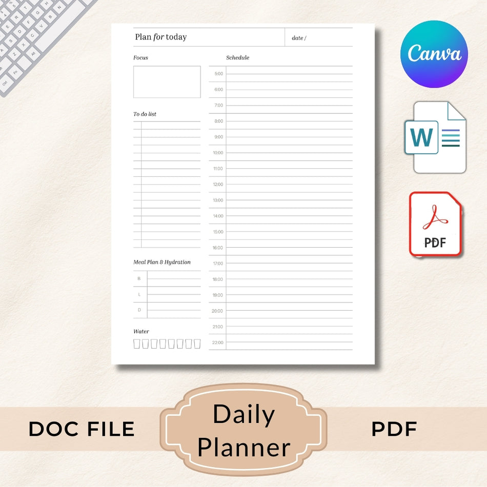 Daily Planner Printable PDF, Time Blocking Work Schedule Template, Productivity Planner, To Do List Organizer, Minimalist Office Planner A4 US Letter A1050