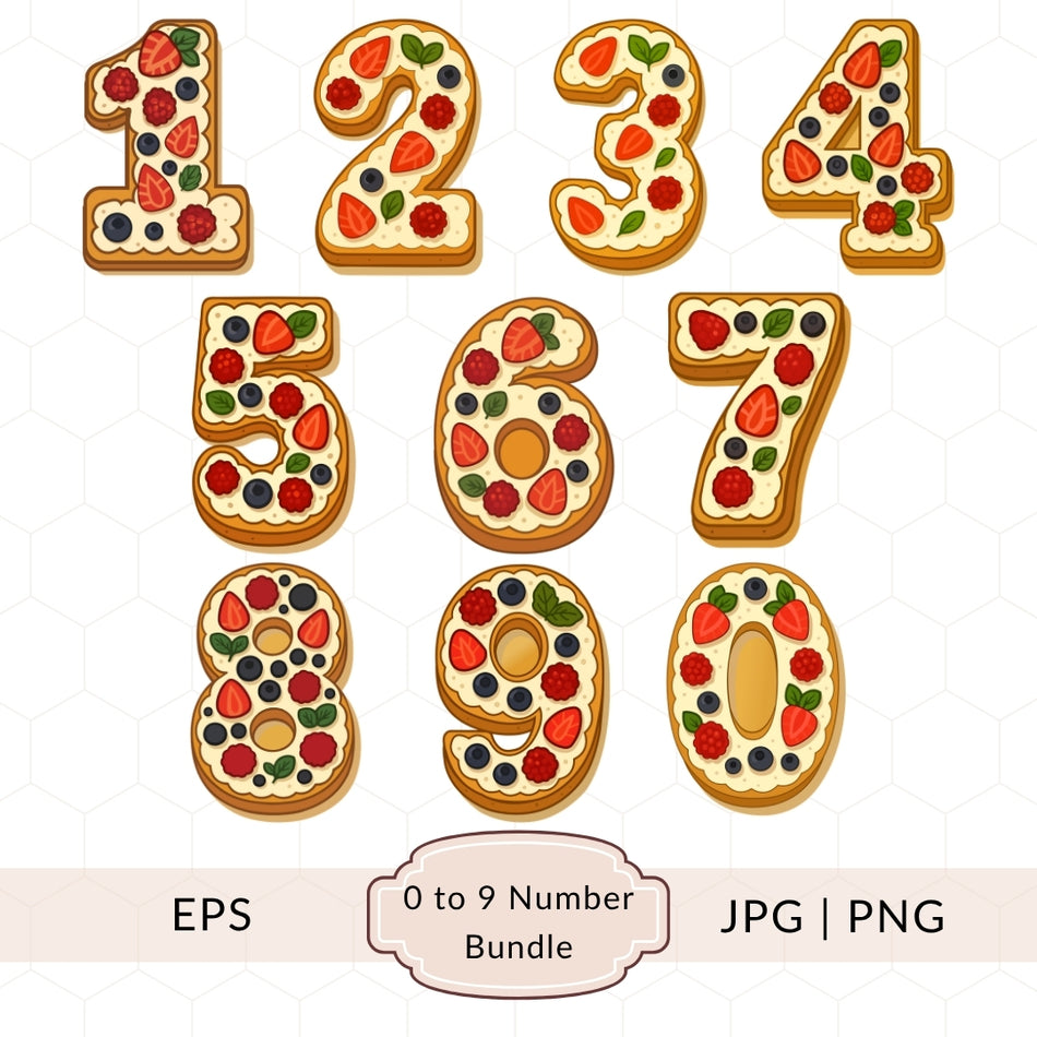 Birthday Number Clipart Fruit Cookie Digits Cake Style Numbers Set Kids Party Age Graphics PNG EPS, Bakery Clipart, Instant Download A 1415