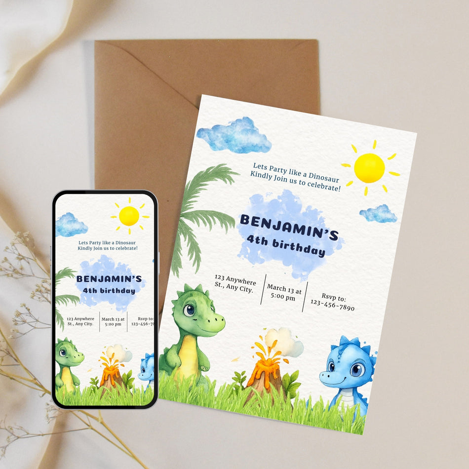 Dinosaur Birthday Invitation Template, Dino Party Invite, Boy 4th Birthday, Editable Canva Invitation, Instant Download A 1179