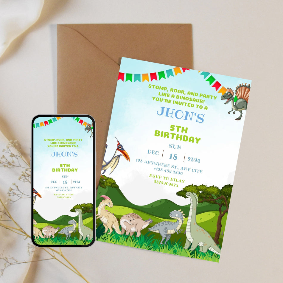 Dinosaur Birthday Invitation Kids Dino Party Invite Cartoon Dinosaur Birthday Card Printable Dino Theme Party Invite Digital Download A 1162