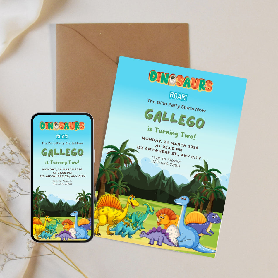 Dinosaur Birthday Invitation Template, Dino Party Invite, Boy 2nd Birthday, Editable Canva Invite, Instant Download A 1180
