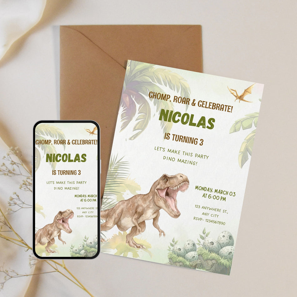 Dinosaur Birthday Invitation Template, Dino Party Invite, Boy 3rd Birthday, Editable Canva Invite, Instant Download A 1178