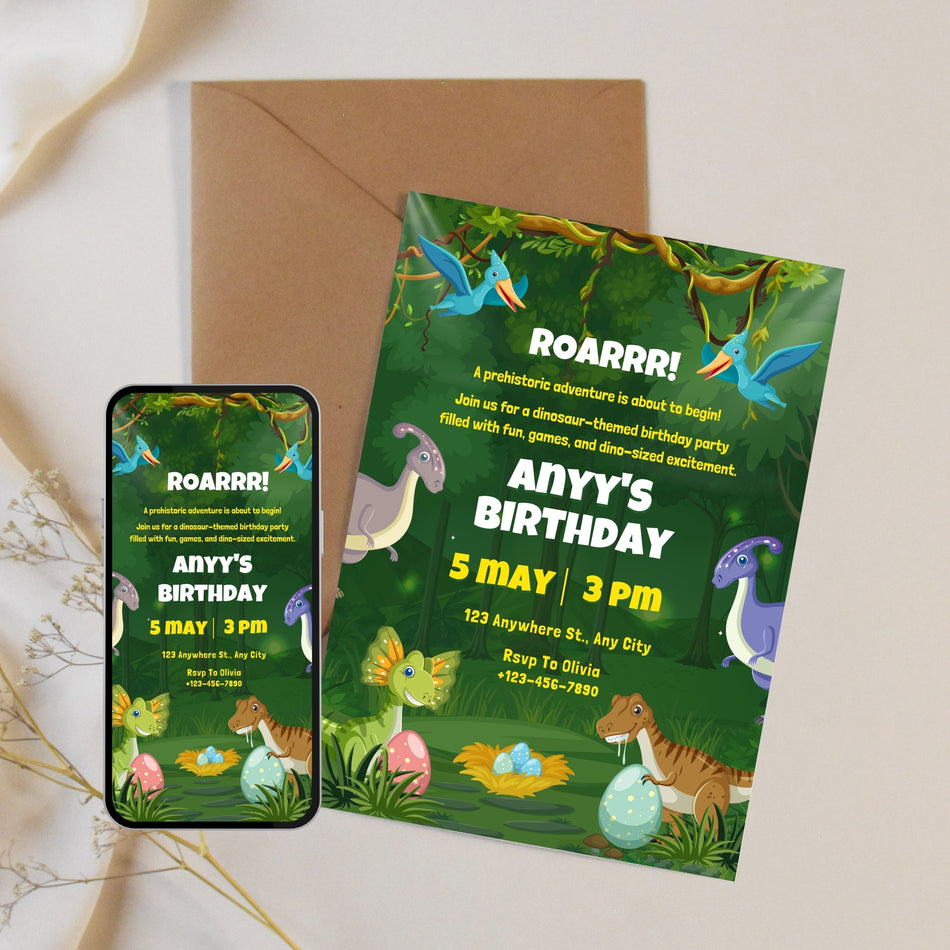 Dinosaur Birthday Invitation Template, Editable Dino Party Invite Canva, Jungle Dinosaur Birthday Invite, Kids Birthday Invitation A 1170