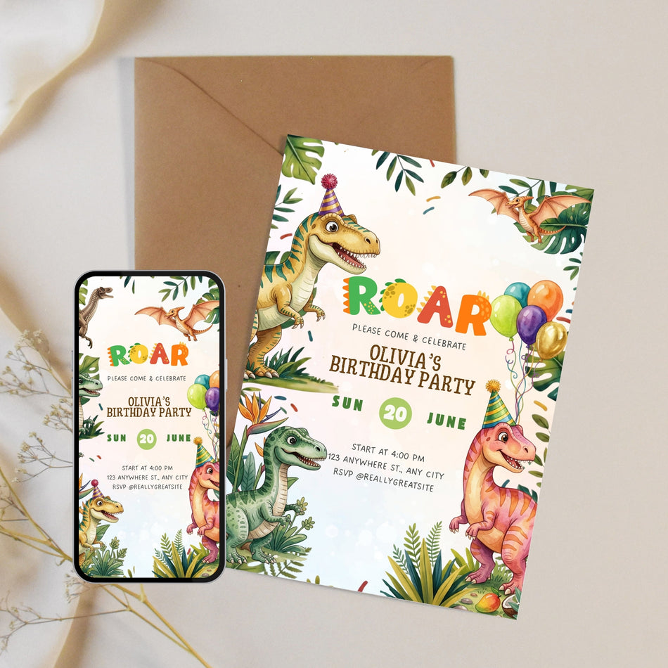 Dinosaur Birthday Invitation Template, Editable ROAR Dino Invite Canva, Kids Birthday Party Invitation, Girl Boy Dino Party Invite, Printable Jungle Invite A1171