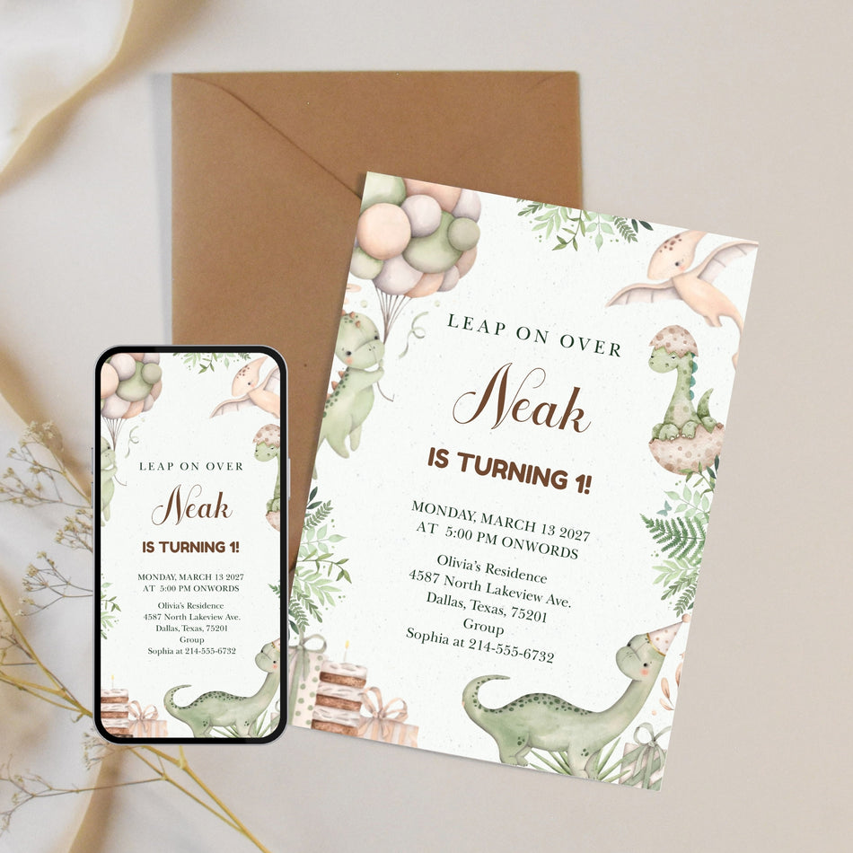 Editable Dinosaur First Birthday Invitation Template, Dino Birthday Invite, Cute Dinosaur Party Invitation, Kids Birthday Canva Template A 1111