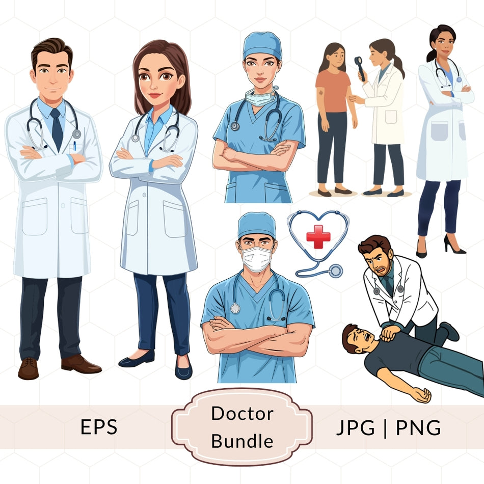 Doctor Clipart Bundle PNG EPS, Medical Staff Illustration Set, Nurse Surgeon Healthcare Graphics, Hospital Clipart Cricut Digital Download A 1413