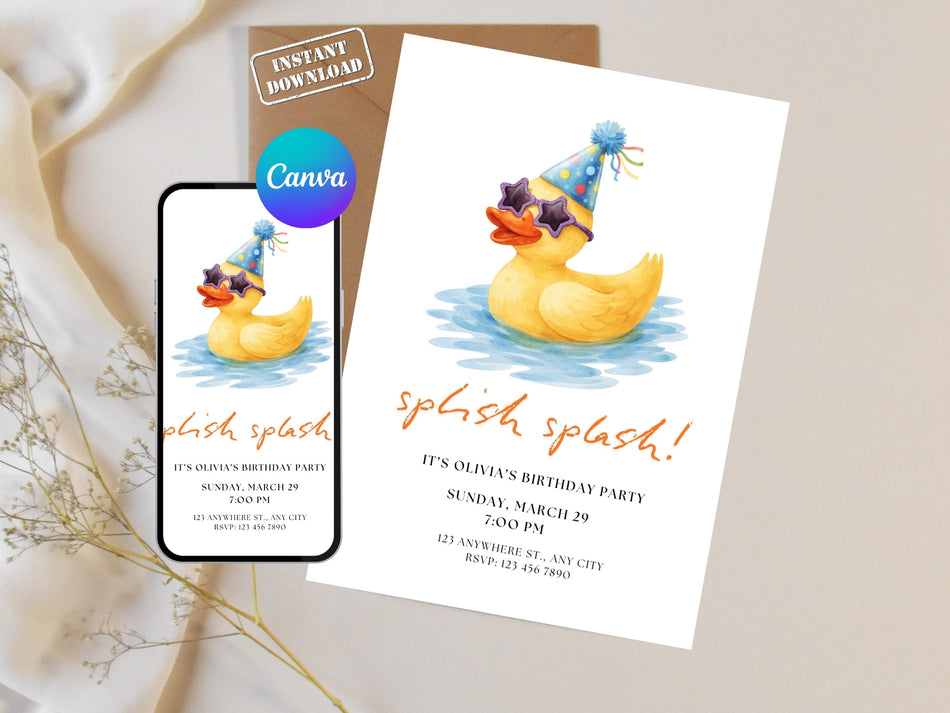 Duck Birthday Invitation Canva Editable, Splash Birthday Invite, Duck Party Invitation, Kids Water Theme Birthday Template, Instant Download  A 1384