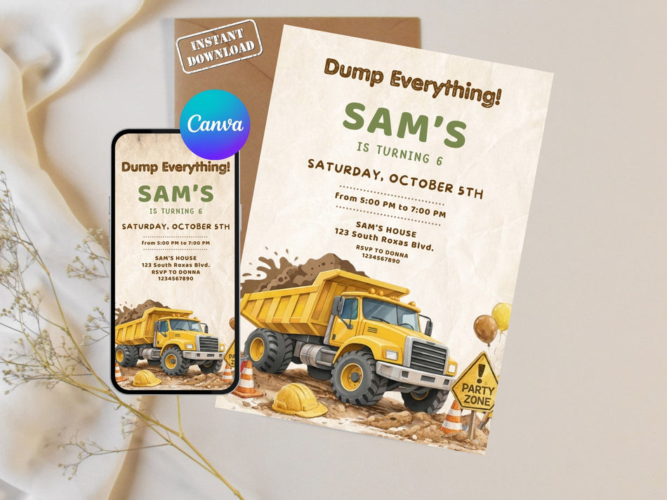 Dump Truck Birthday Invitation Template, Construction Birthday Invite, Boy Birthday Party, Editable Canva Invite, Truck Theme Card A 1304