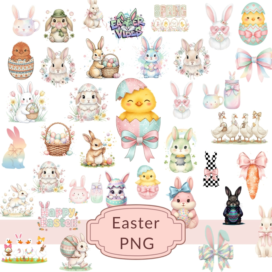 Collection of Easter-themed illustrations including bunnies, chicks, and eggs on a white background.