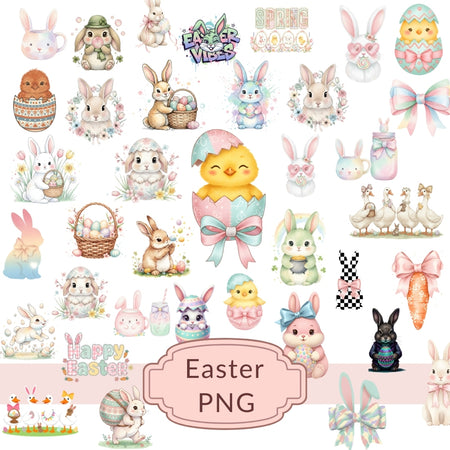 Collection of Easter-themed illustrations including bunnies, chicks, and eggs on a white background.