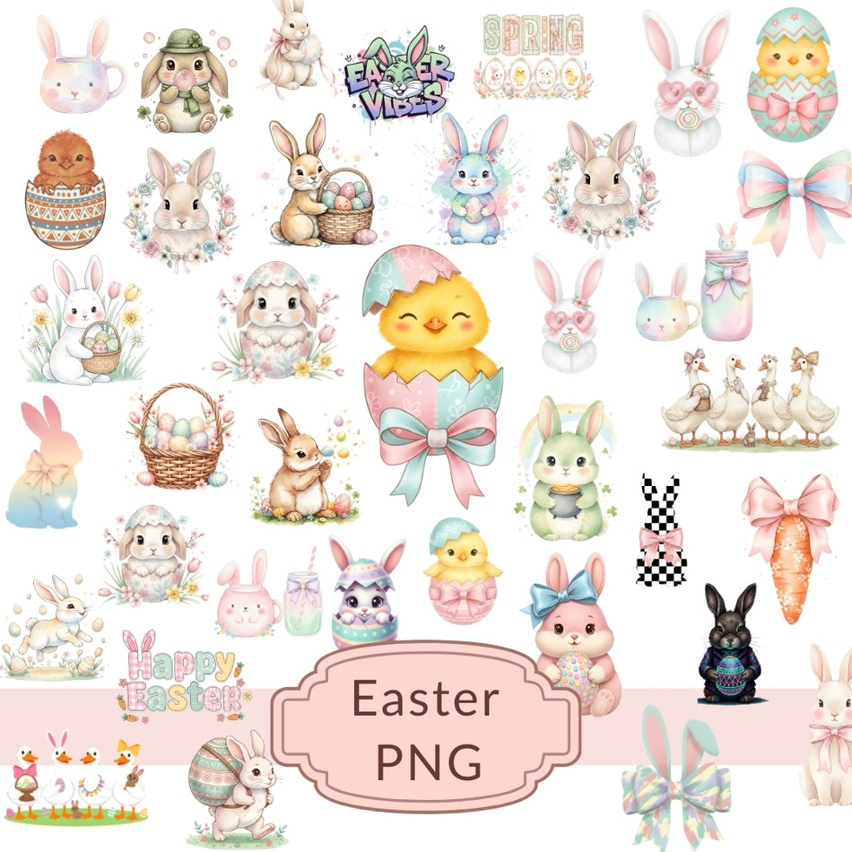 Easter PNG Bundle, Cute Bunny & Chick Clipart, Spring Pastel Easter Graphics, Baby Bunny Sublimation Design, Instant Download A 1079