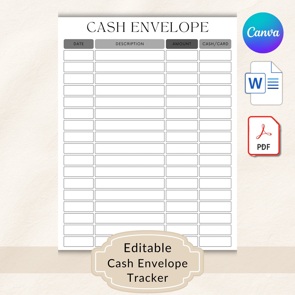 Editable Cash Envelope Tracker Printable, Cash Stuffing Log Template, Expense Tracker Sheet, Budget Binder Insert PDF, A4, US Letter A 1081