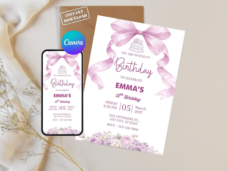 Editable Coquette Birthday Invitation Canva Template, Pink Bow Party Invite, Feminine Floral Ribbon Design, Soft Girl Aesthetic A 1344