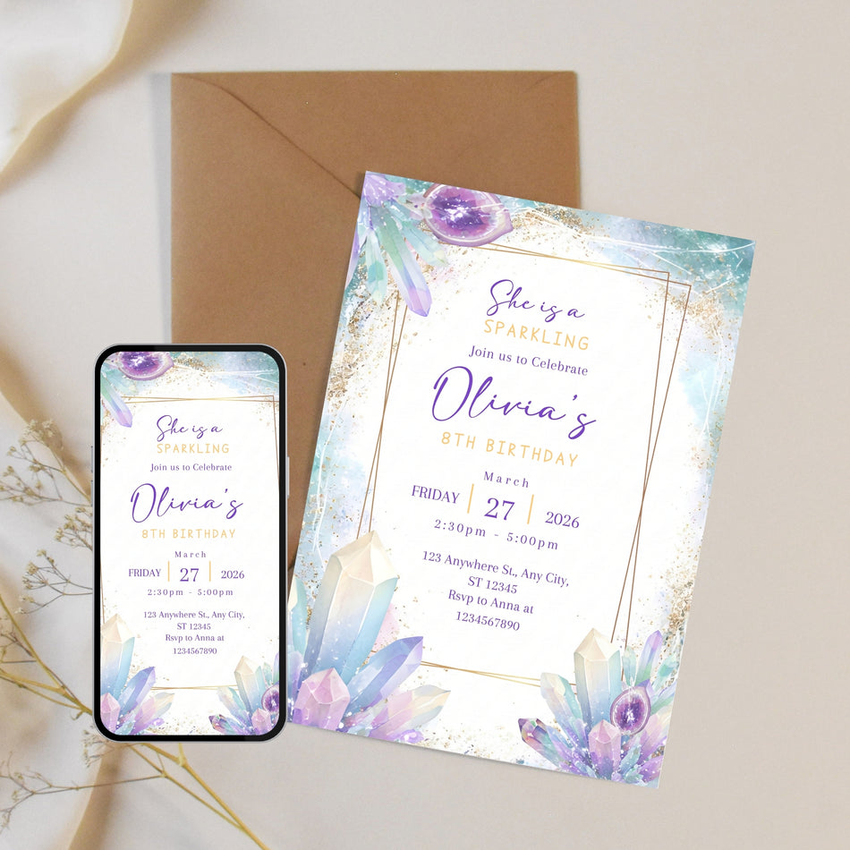 Editable Sparkling Crystal Birthday Invitation - 8th Birthday Party Invite - Digital Download - Printable Invitation A 1119
