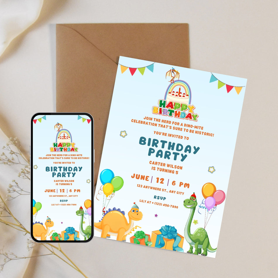 Editable Dinosaur Birthday Invitation Canva Template, Kids Dino Party Invite, Cute Cartoon Birthday Party Invite Digital Download A 1158