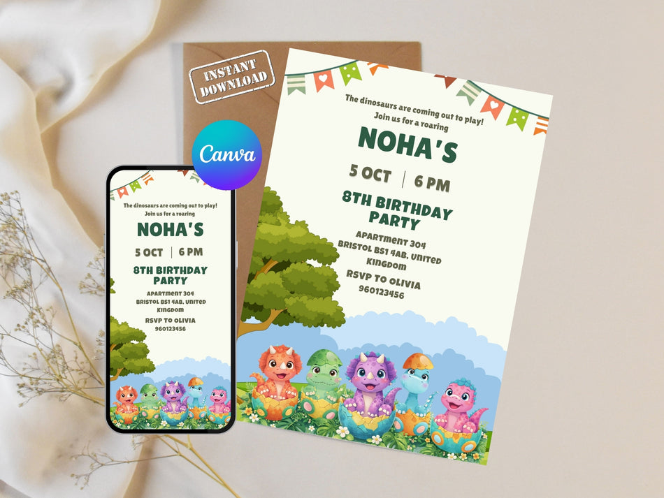 Editable Dinosaur Birthday Invitation, Kids Dino Party Template (Digital Download) A 1150